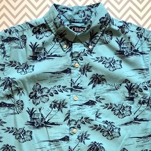 Chaps Neptune Blue Hawaiian Shirt Palm Hibiscus M